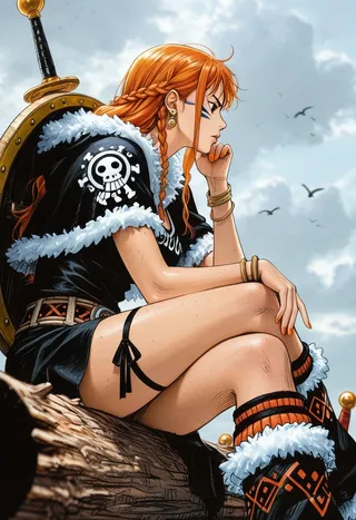 A Viking girl with braided orange hair and facial markings sits outdoors on a log, wearing fur-trimmed clothing, a black skirt, and leg warmers, with a sword and shield on her back against a cloudy sky background.