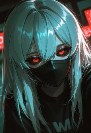 Digital illustration of a girl with long light blue hair, intense red eyes with black sclera, wearing a black mask, looking directly at the viewer with a dark aesthetic background.