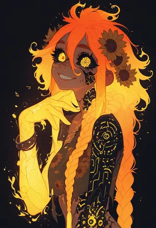 Portrait of a glowing sunflower girl with fiery orange braided hair, golden sunflower eyes, black sclera, cracked skin, and intricate glowing arm tattoos in a summer-themed style.