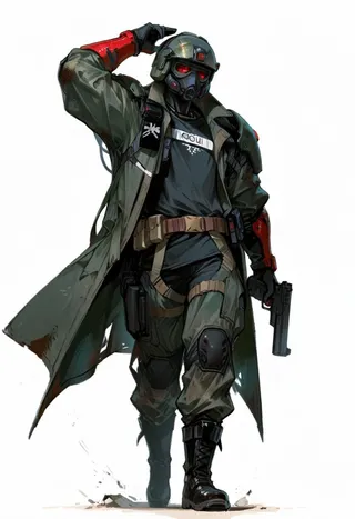 Full-body illustration of a male soldier wearing a black gasmask with glowing red lenses, olive green tactical coat, black gloves, and cargo pants, holding a pistol with a dynamic pose on a white background.