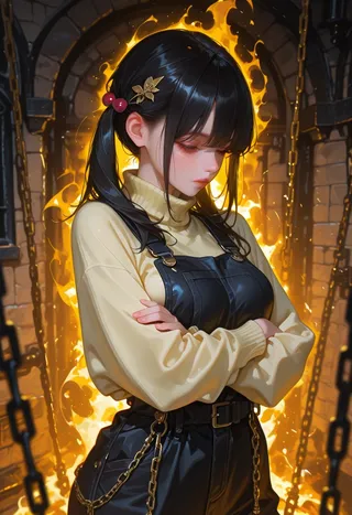 A girl with black twintails and hair ornaments stands with crossed arms in a dungeon setting, surrounded by golden fire aura and chains, wearing a yellow turtleneck sweater under black overalls.