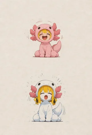 Two illustrations of a cute girl wearing axolotl costumes, one pink and one white, sitting and laughing with a dynamic and joyful expression, featuring a yellow hair ribbon.