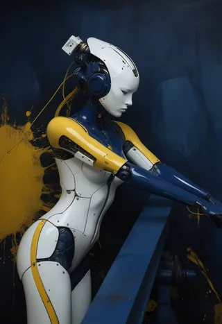 A robotic woman in navy blue, white, and mustard yellow stands in a mechanical liminal space with a surreal atmosphere and contrasting dark and light tones.