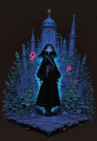 A mysterious woman in black clothes with wide pants and long sleeves stands on a stone path, surrounded by glowing blue plants and old stone towers with gnostic symbols under a dark sky.