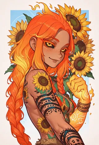 Portrait of a girl with fiery orange hair in a long braided ponytail, glowing arm tattoos, and sunflower tattoos, smiling with glowing yellow eyes.