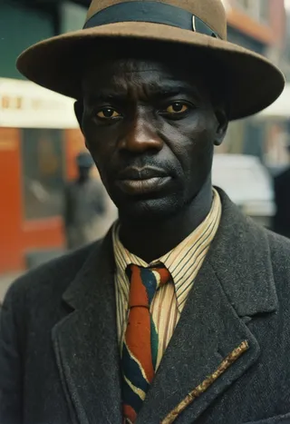 Portrait of an African gentleman wearing a brown hat, striped shirt, and colorful tie, styled in a vintage Saul Leiter photography manner.