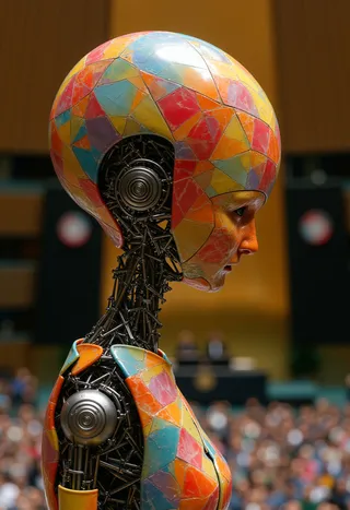 Side view of a futuristic robomedusa robot with a head and body covered in colorful geometric polygons, mechanical inner structures exposed, standing in the blurred hall of the UN General Assembly.