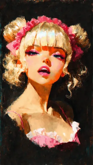 Painterly portrait of a blonde girl with double buns and blunt bangs, wearing pink makeup and a retro-style outfit in dark fantasy pinup style.