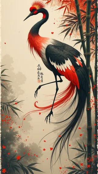 A red-crowned crane with vibrant red, black, and white feathers stands gracefully in a misty bamboo forest, depicted in traditional ancient Chinese ink painting style with red and gold accents.