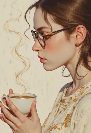 Profile of a young woman wearing nerd glasses, holding a steaming cup with golden steam curls, in front of a rainy window with a soft pastel background