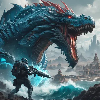 A futuristic soldier armed with a rifle facing off against a massive blue dragon boss with glowing red eyes in a cinematic fantasy water landscape with distant ancient structures.