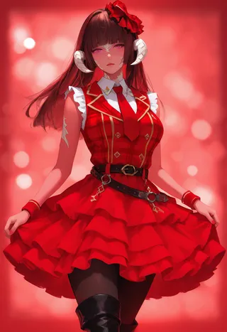 A girl dressed in a red plaid idol uniform with a ruffled skirt and black pantyhose, featuring white horns and long brown hair, set against a red-themed bokeh background.