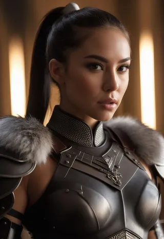 Photorealistic close-up portrait of an Akaviri warrior woman with a high ponytail wearing detailed fur pelt armour, illuminated by cinematic rim lighting.