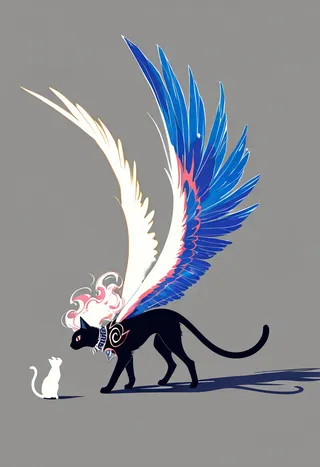 A detailed surreal fantasy illustration featuring a black winged cat with blue and white wings facing a small white cat against a gray background, showcasing color separation and backlighting effects.
