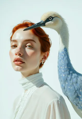 A red-haired woman in white clothing with calm expression, accompanied by a hyperrealistic Chinese crane featuring detailed blue porcelain-style feathers, set against a minimalist white background.