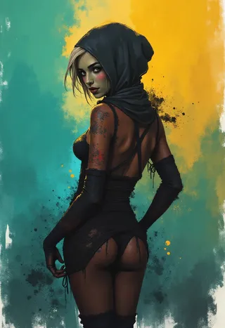 Digital illustration of an alien girl wearing a black hood and dark revealing robes, standing in a sensual pose against a vibrant tricolor turquoise, yellow, and ochre background.