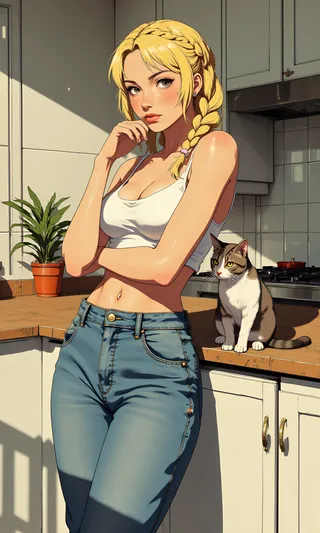 Photorealistic image of a blonde woman with braided hair wearing a white crop top and denim jeans, casually leaning in a modern kitchen countertop with a cat sitting beside her.