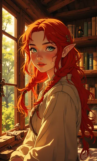 A half-elf girl with long wavy red hair and blue eyes in a rustic wooden cabin, illuminated by warm golden sunlight through a window, showing intricate braids and soft natural lighting.