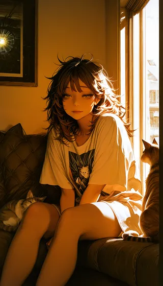 A girl with messy hair wearing an oversized t-shirt sits on a couch in a living room, illuminated by warm dappled light from the window, accompanied by two cats.