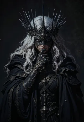 A mysterious woman with long silver-white hair and a dark, spiked metallic crown, dressed in intricate black armor and a flowing cape, posed contemplatively with a finger near her lips in low moody lighting.