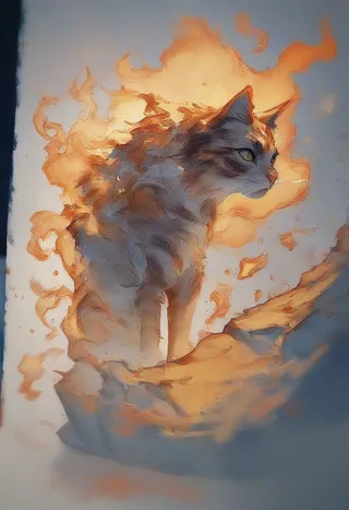 A cat enveloped in a burning yellow aura stands amidst a fantasy world with a watercolor sketch style, blended with soft colors and subtle ice elements.