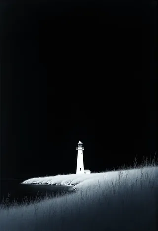 A stark white lighthouse silhouette stands on tidal flats with windswept grasses, contrasted against a deep black minimalist background.