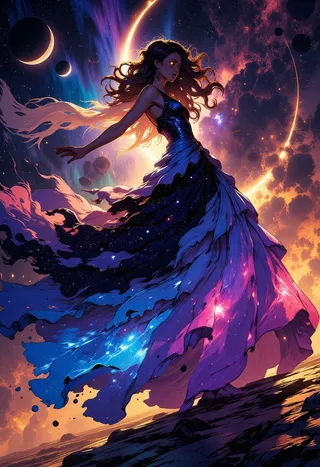 Eine kosmische Braut inmitten einer Drehung, trägt ein lebendiges Nebelkleid mit fließendem Stoff in tiefen Purpur-, Blau- und Magentatönen unter einem surrealen himmlischen Himmel voller Zwillingsmonde, Asteroiden und Polarlichter.
