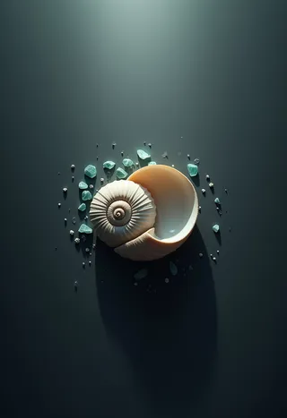 A solitary nautilus shell with a pearlescent interior lies on a deep charcoal grey surface, illuminated by soft cinematic lighting with scattered turquoise sea glass pieces around it.