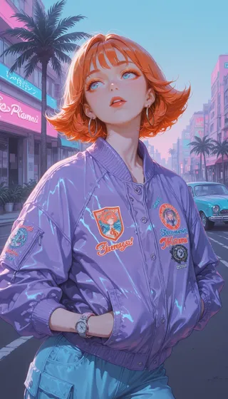Stylish K-pop girl with orange short hair wearing a shiny purple bomber jacket and blue cargo pants posing on a neon-lit urban street with palm trees, pastel buildings, and a retro car during sunset.