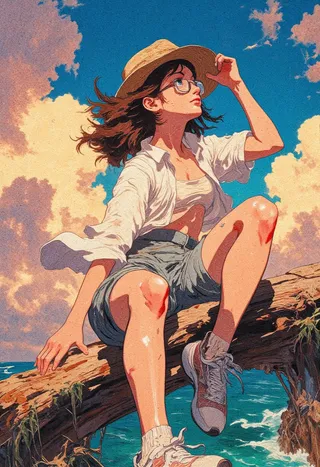 A young woman wearing glasses, white unbuttoned shirt, shorts, and sneakers sits on a log by the azure sea with a straw hat held on her head against a vibrant sunset sky.