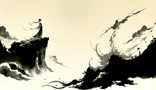 A Chinese ink wash painting style image of a lone princess standing on a jagged cliff peak emerging from a sea of swirling clouds with her dress flowing gracefully.