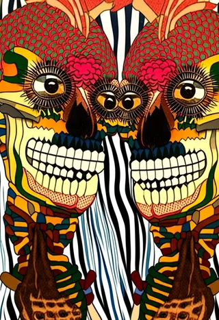 A vibrant, symmetrical skull image with yellow eyes, colorful fish scales on top, bright patterns, and a mirrored psychedelic effect.