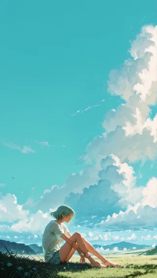 A girl with short hair sits barefoot on a grassy hill under a vast blue sky filled with fluffy white clouds, bathed in soft sunlight.