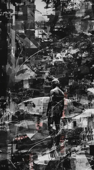 A black and white complex abstract composition featuring a figure of a surfer holding a surfboard, surrounded by mysterious abstractions, double exposure effects, and emotional gestural marks in grainy noir style.