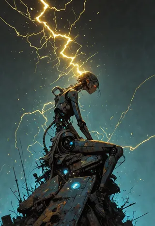 A detailed robotic girl with mechanical parts and rust sits amidst debris, illuminated by glowing lightning and sparks with a blue geometric background.