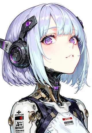 Close-up portrait of a cybernetic girl with short white to blue hair, bright purple eyes, mechanical skin, and mechanical headset parts, featuring white parts with industrial decals on a white background in pencil sketch style.