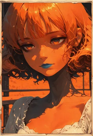 Close-up portrait of a girl with curly orange hair, blue lips, and dreamy eyes in an oversized nightgown bathed in warm orange light with watercolor and flat art style.