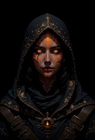 A mystical woman with glowing orange tribal tattoos on her pale face and neck, wearing an intricately embroidered black hooded cloak with gold details.