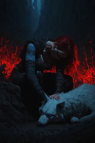 A red-haired rogue woman with glowing blue tattoos kneels gently petting a white wolf pup under moonlight, surrounded by rocky terrain and glowing red plants.