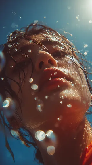 Close-up portrait of a female face with wet hair and glistening water droplets under bright sunlight against a blue sky.