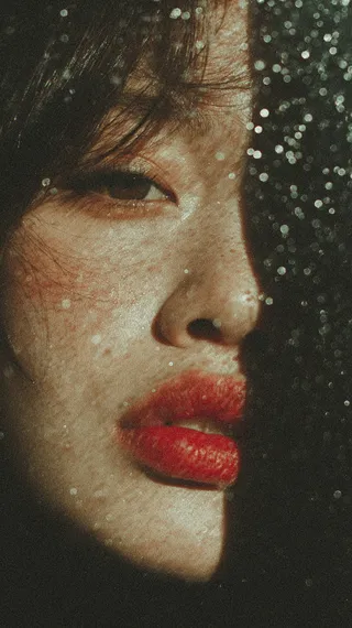 Nahaufnahme eines Frauenfgesichts mit roten Lippen, teilweise von Wassertropfen bedeckt, unter dunkler, stimmungsvoller Beleuchtung