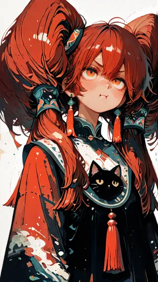 Illustration of Taru, an anime girl with large red hair styled in twin tails, wearing tassel earrings and a black outfit with a cat print on the front, featuring a pout expression.