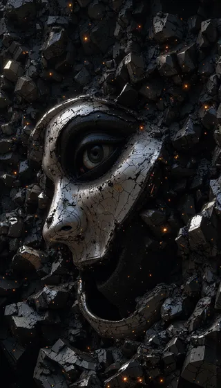 Close-up of a cracked black mask face embedded in an abstract black polygonal background with sparks and detailed texture, shown from an unusual angle with depth of field.