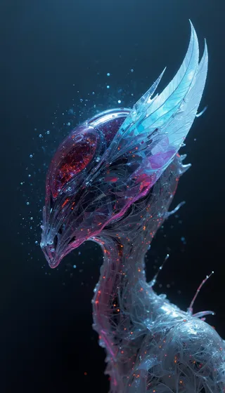 Abstract futuristic creature resembling a glass sculpture with intricate details, glowing blue and red lights, and depth of field effect.