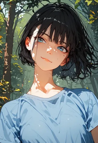 Anime-style illustration of a girl with short black hair and blue eyes wearing a light blue t-shirt, standing outdoors in a forest with sunlight filtering through the leaves, smiling gently.