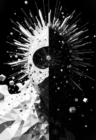 Abstract black and white geometric face formed by polygons with radiating spikes and floating cubes, symbolizing willpower and dimensional breakthrough