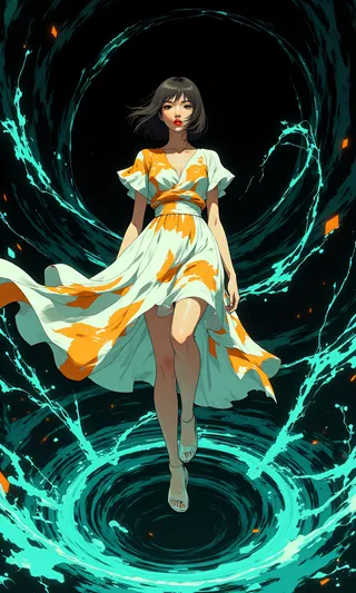 A 25-year-old Japanese woman levitates above a glowing teal vortex, wearing a flowing white dress with bold orange patterns, set against a deep black background.