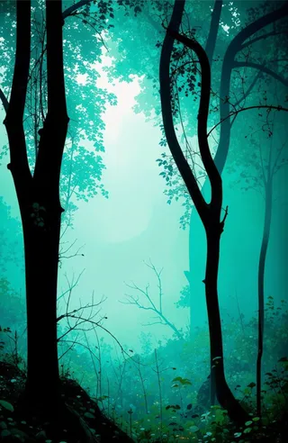 Misty forest scene with silhouetted trees and a light cheery, gothic atmosphere in soft blue-green tones.