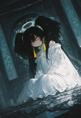 Sad girl with big black hair and grey eyes wearing a white off-shoulder dress with yellow tassel earrings, sitting on the floor in a dark, surreal liminal space with volumetric lighting.