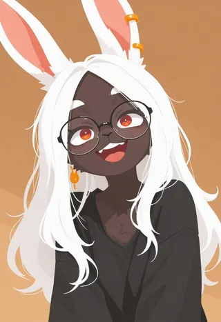 A smiling furry rabbit girl with dark skin, long white hair, large rabbit ears adorned with orange rings, orange eyes behind round glasses, wearing a black shirt and an orange earring.